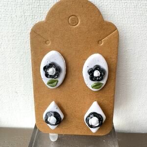 Artisan White & Black Floral Oval & Diamond Stud Clay Earrings Set – NEW
